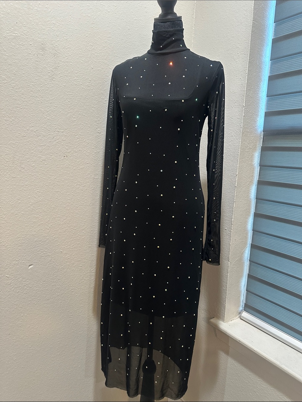 Wild fable Black Sheer Turtleneck Midi Dress with Rhinestone Accents